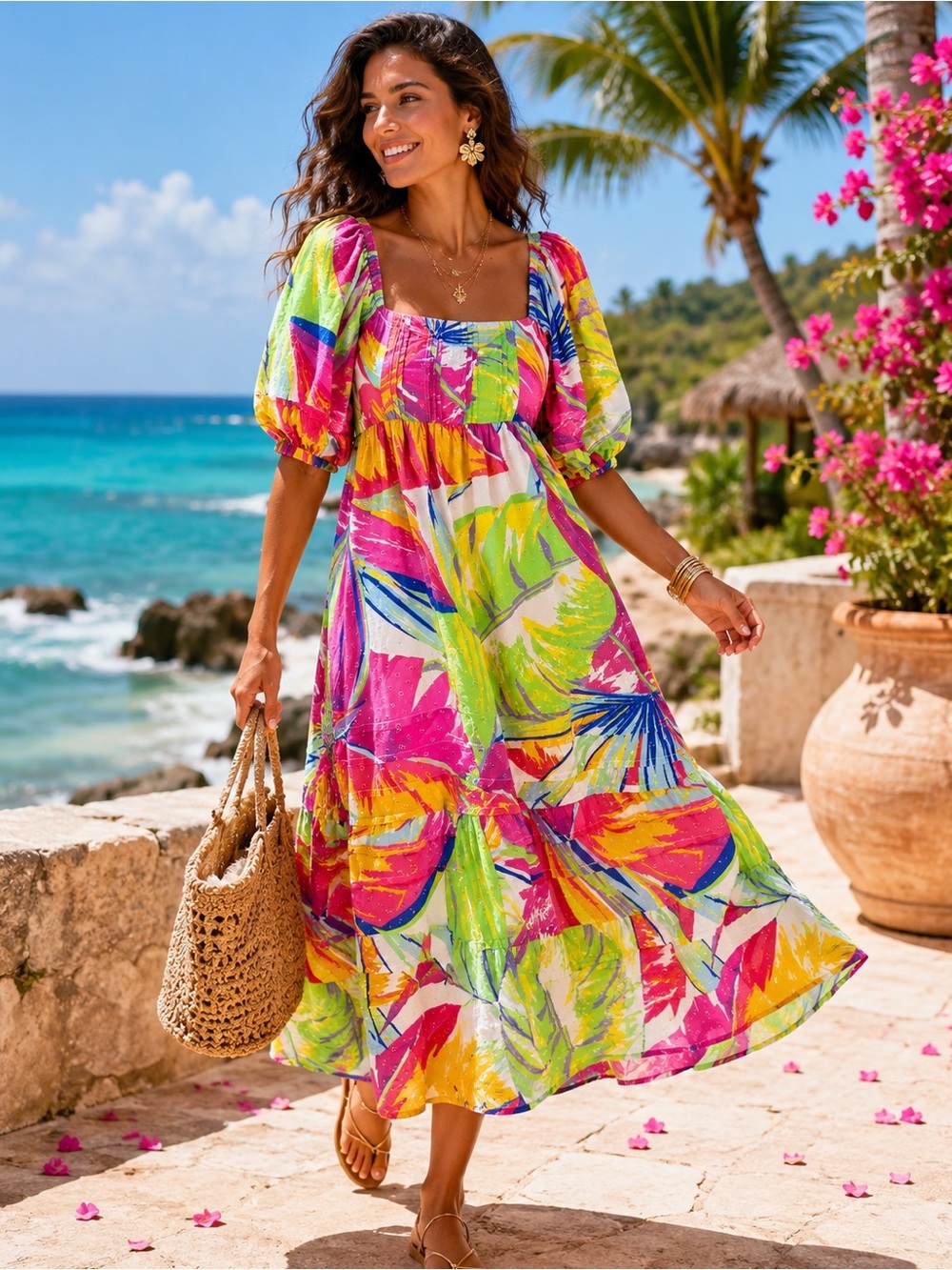 FARM Rio Tropical Palm Print Open Back Tiered Midi Dress Sz S Beaded Tassel